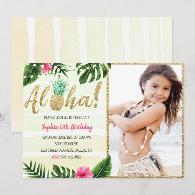 Tropical Leaves Birthday Invitation With Photo (Front/Back)