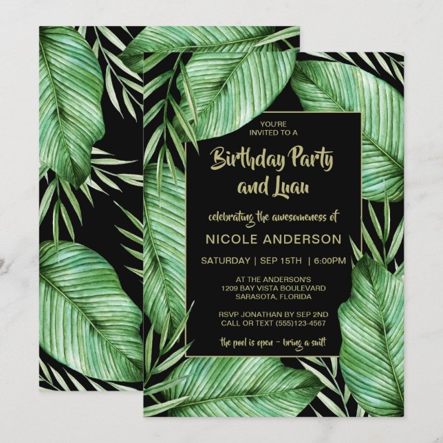 Tropical Leaves Birthday Party Luau Invitation (Front/Back)