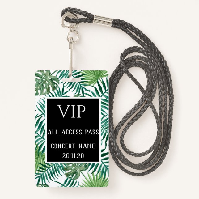 Tropical Leaves Black VIP All Access Pass Concert ID Badge (Front with Lanyard)