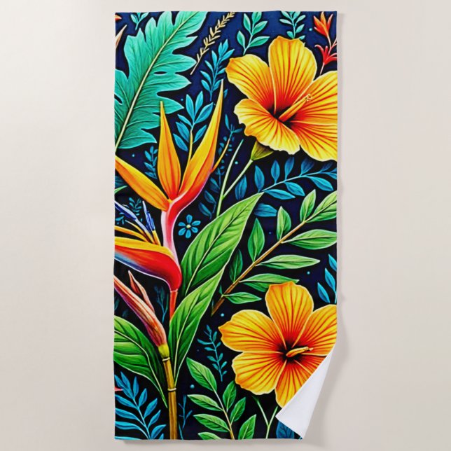 Tropical Leaves Bloom Art Beach Towel (Front)