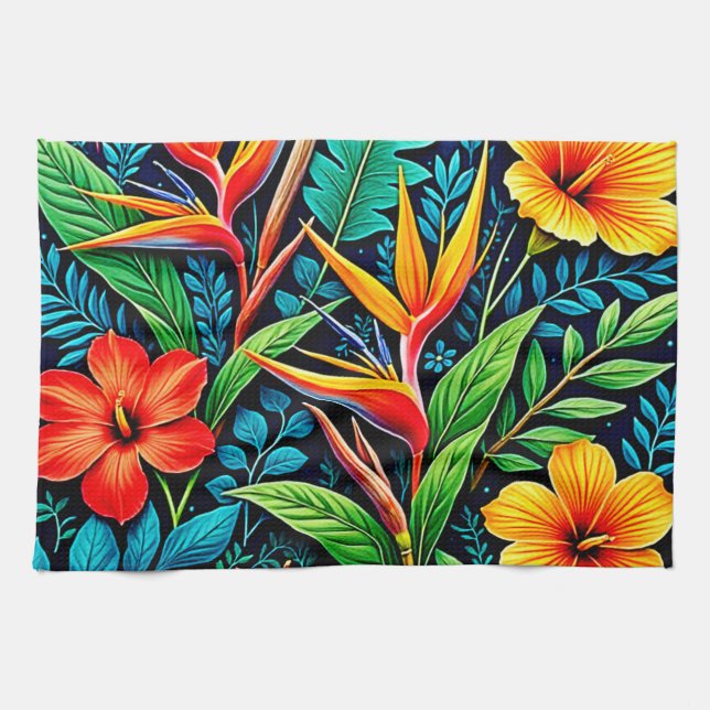 Tropical Leaves Bloom Art Tea Towel (Horizontal)