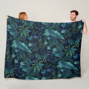 Tropical Leaves Blue Flowers Fleece Blanket