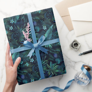Tropical Leaves Blue Flowers Wrapping Paper
