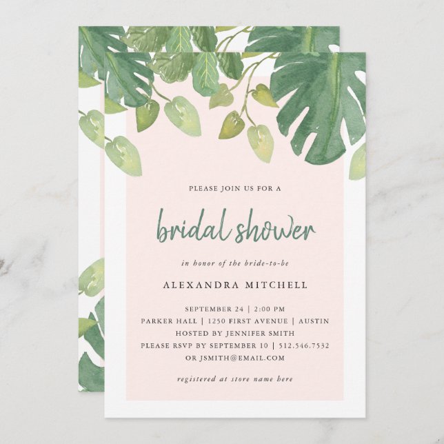 Tropical Leaves | Blush and Green Bridal Shower Invitation (Front/Back)