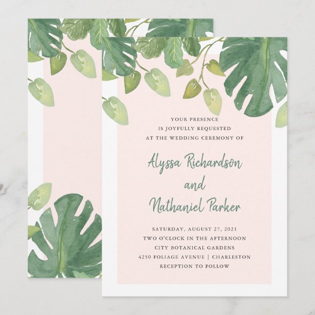 Tropical Leaves | Blush and Green Wedding Invitation (Front/Back)