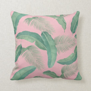 Tropical Leaves Botanical Print Pink Green Summer Cushion