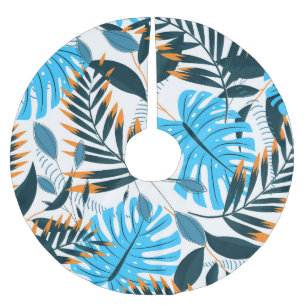 Tropical Leaves Bright White Pattern Brushed Polyester Tree Skirt