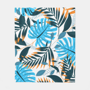 Tropical Leaves Bright White Pattern Fleece Blanket