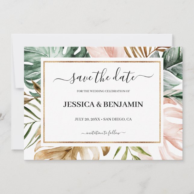 Tropical Leaves Calligraphy Wedding Save the Date (Front)