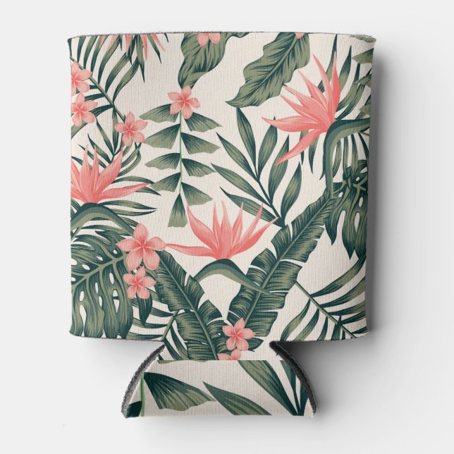 Tropical leaves, cheerful beach wallpaper. can cooler (Front)