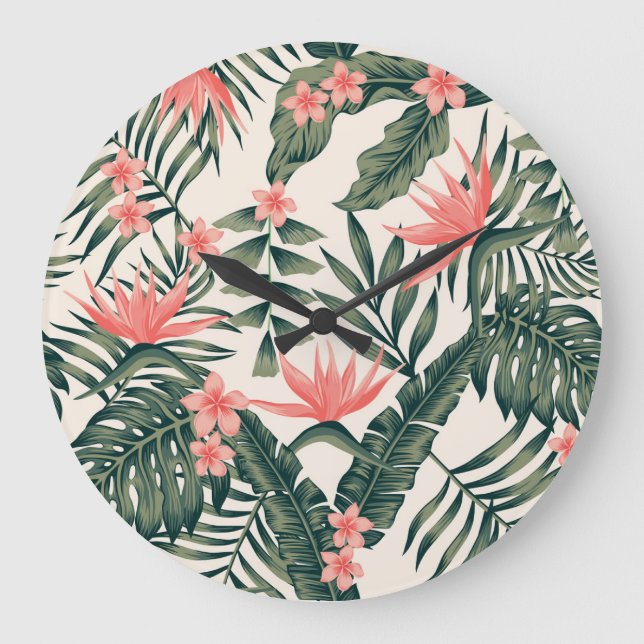 Tropical leaves, cheerful beach wallpaper. large clock (Front)