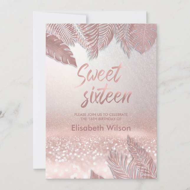 Tropical leaves chic trendy  Rose gold glittery  Invitation (Front)