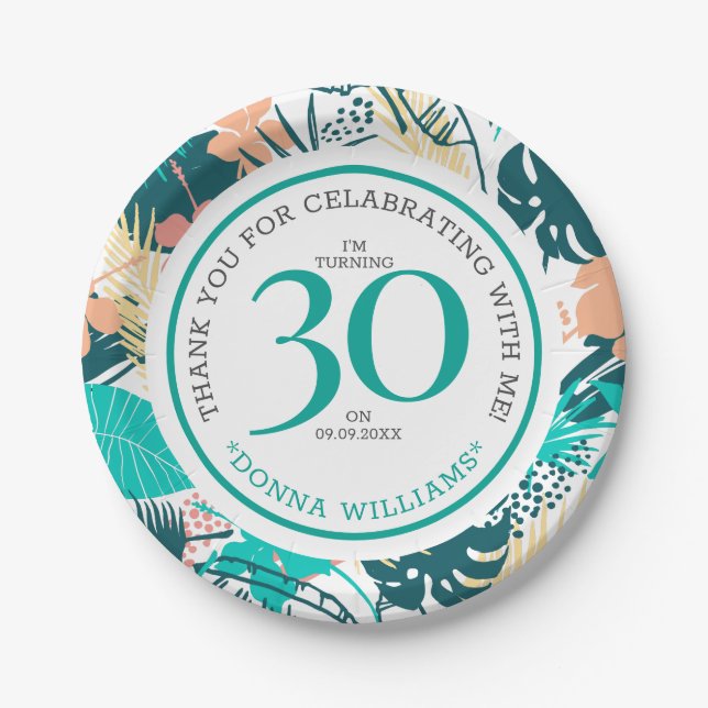 Tropical leaves collage 30th birthday celebration paper plate (Front)