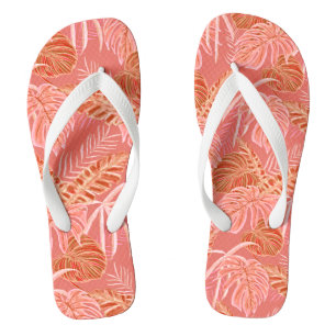 Tropical Leaves Coral Pink Flip Flops