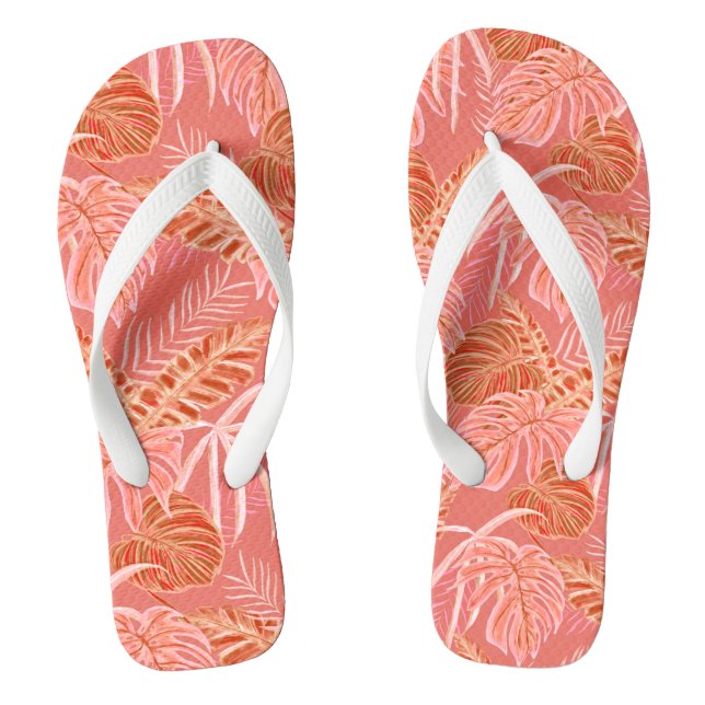 Tropical Leaves Coral Pink Flip Flops (Footbed)