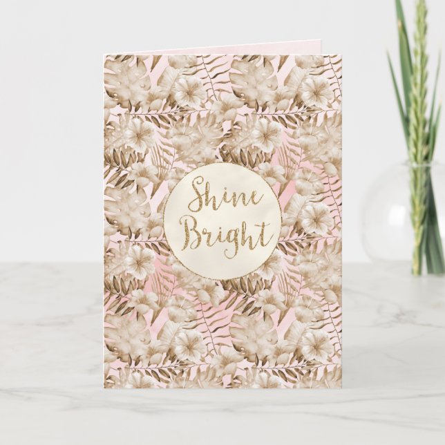 Tropical Leaves Cream Blush Gold Glitter Shine     Card (Front)