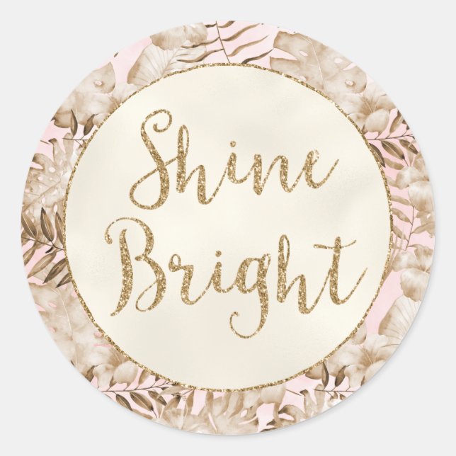 Tropical Leaves Cream Blush Gold Glitter Shine    Classic Round Sticker (Front)