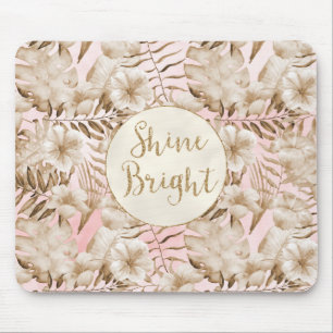 Tropical Leaves Cream Blush Gold Glitter Shine  Mouse Mat
