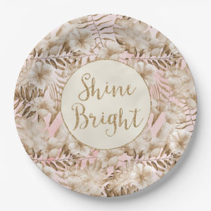 Tropical Leaves Cream Blush Gold Glitter Shine     Paper Plate