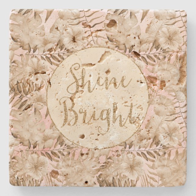 Tropical Leaves Cream Blush Gold Glitter Shine     Stone Coaster (Front)