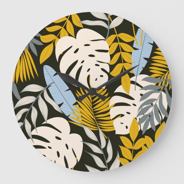 Tropical leaves: dark vintage pattern. large clock (Front)