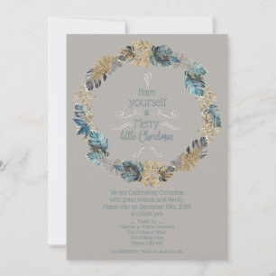 Tropical Leaves Dusty Blue Gold Christmas Party Holiday Card