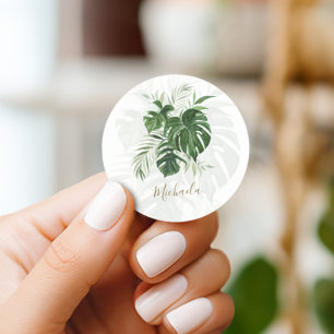 Tropical Leaves Elegant Modern Script Classic Round Sticker