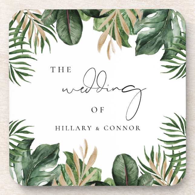 Tropical leaves elegant wedding coaster (Front)