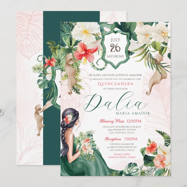 Tropical Leaves Emerald Green Floral Quinceanera Invitation (Front/Back)