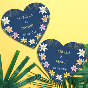 Tropical Leaves Exotic Floral Lily Blue Wedding Heart Sticker