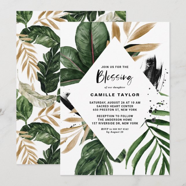 Tropical Leaves Faux Gold Foil Frame Baby Blessing Invitation (Front/Back)
