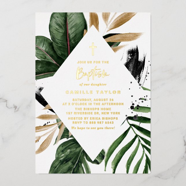 Tropical Leaves Faux Gold Foil Frame Baptism (Front)