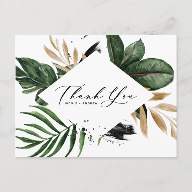 Tropical Leaves Faux Gold Foil Frame Thank You Postcard (Front)
