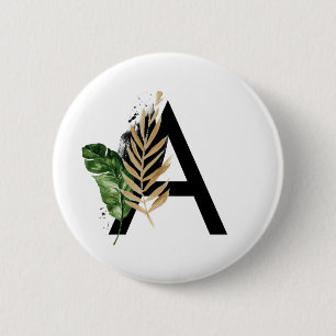 Tropical Leaves Faux Gold Foil Letter A Monogram 6 Cm Round Badge