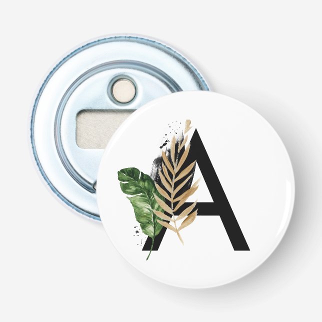 Tropical Leaves Faux Gold Foil Letter A Monogram Bottle Opener (Front)