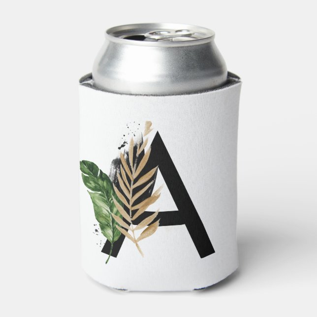 Tropical Leaves Faux Gold Foil Letter A Monogram Can Cooler (Can Front)