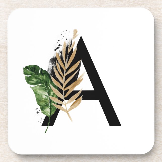 Tropical Leaves Faux Gold Foil Letter A Monogram Coaster (Front)