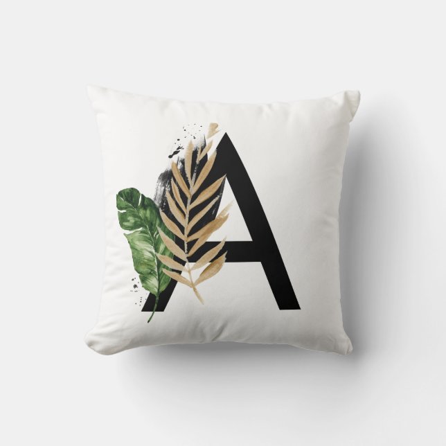Tropical Leaves Faux Gold Foil Letter A Monogram Cushion (Front)