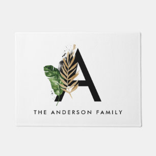 Tropical Leaves Faux Gold Foil Letter A Monogram Doormat