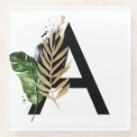 Tropical Leaves Faux Gold Foil Letter A Monogram Glass Coaster<br><div class="desc">Tropical Leaves Faux Gold Foil Letter A Monogram Coaster | Boho monogram coaster featuring watercolor tropical leaves with faux gold foil accent. This tropical coaster is perfect for summer. This design is available in other items.</div>