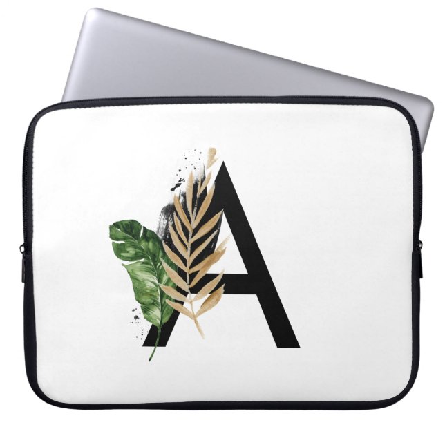 Tropical Leaves Faux Gold Foil Letter A Monogram Laptop Sleeve (Front)