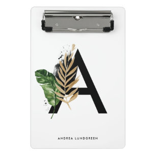 Tropical Leaves Faux Gold Foil Letter A Monogram Mini Clipboard