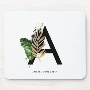 Tropical Leaves Faux Gold Foil Letter A Monogram Mouse Mat