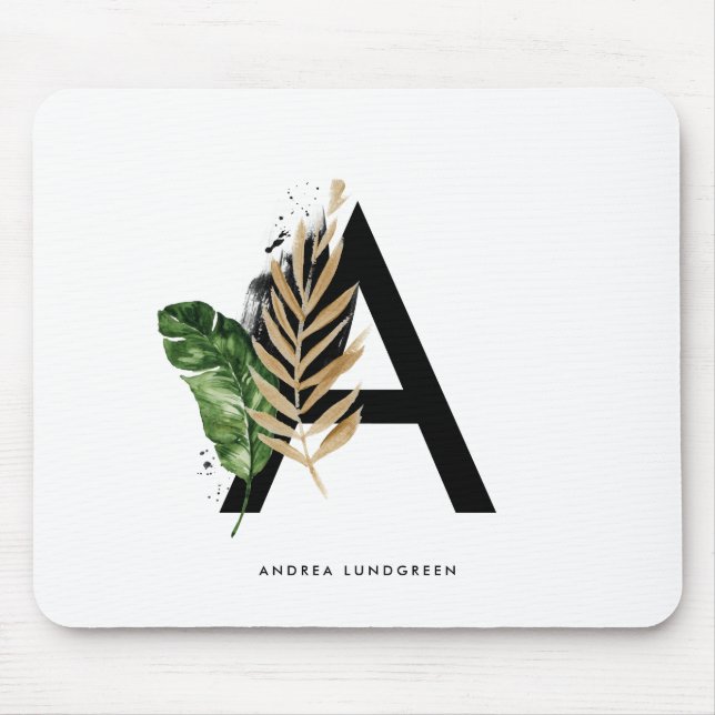 Tropical Leaves Faux Gold Foil Letter A Monogram Mouse Mat (Front)