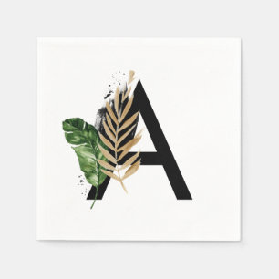 Tropical Leaves Faux Gold Foil Letter A Monogram Napkin