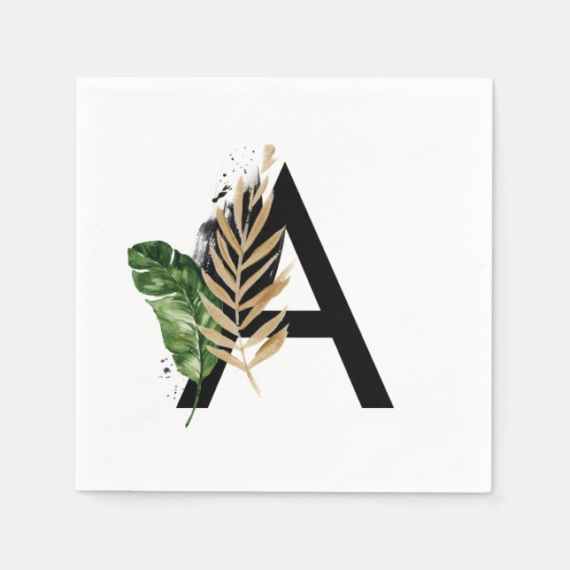 Tropical Leaves Faux Gold Foil Letter A Monogram Napkin (Front)
