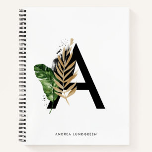 Tropical Leaves Faux Gold Foil Letter A Monogram Notebook