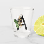 Tropical Leaves Faux Gold Foil Letter A Monogram Shot Glass<br><div class="desc">Tropical Leaves Faux Gold Foil Letter A Monogram Shot Glasses | Boho monogram shot glasses featuring watercolor tropical leaves with faux gold foil accent. These tropical shot glasses are perfect for summer. This design is available in other items.</div>