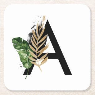 Tropical Leaves Faux Gold Foil Letter A Monogram Square Paper Coaster