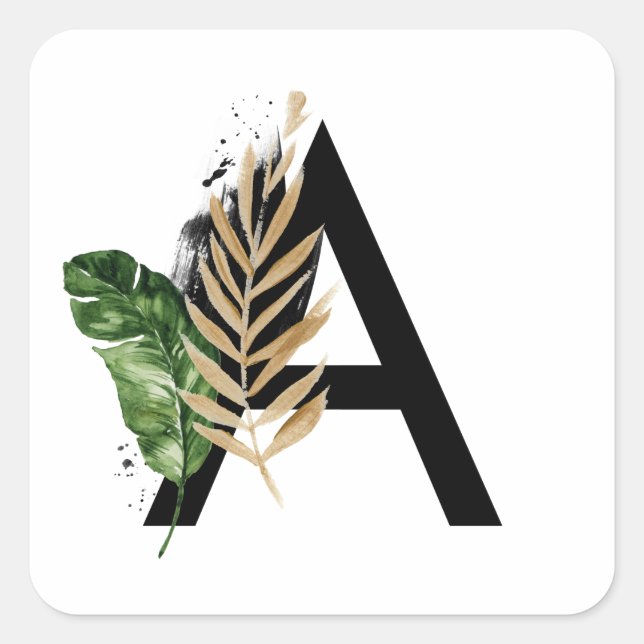 Tropical Leaves Faux Gold Foil Letter A Monogram Square Sticker (Front)